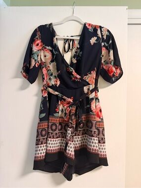 Three Hearts Black Floral Wrap Romper with Coral and Cream Blooms